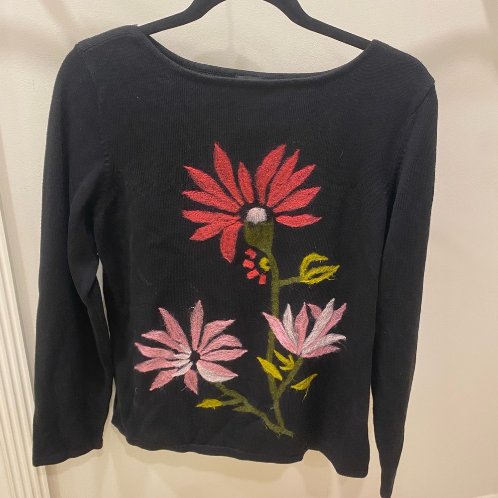 Rafaella Black Floral Knit Women's Long Sleeve Sweater 100% Cotton Flower Size:L